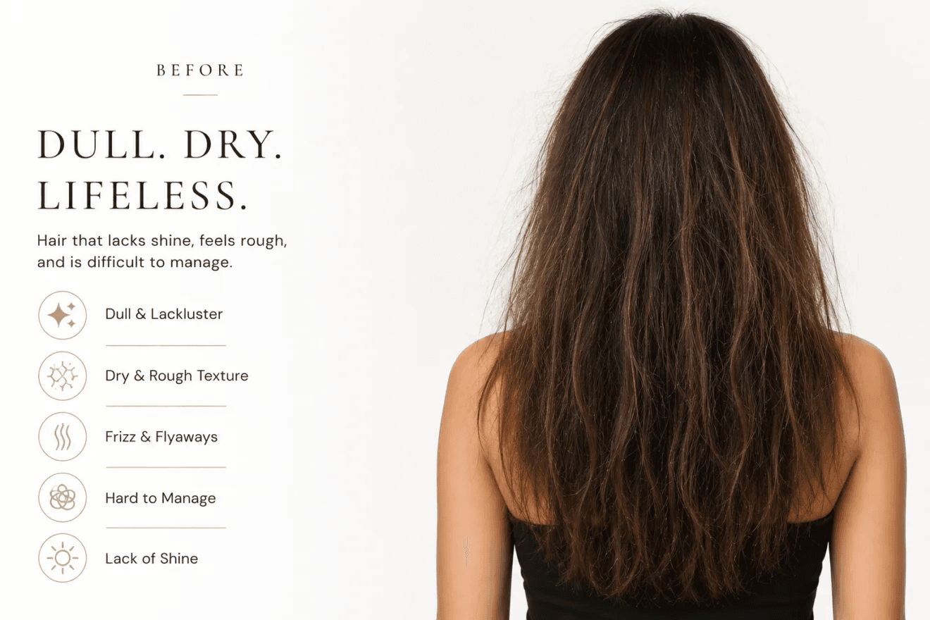 Before composition describing dull, dry and lifeless hair beside a model with rough, frizzy hair