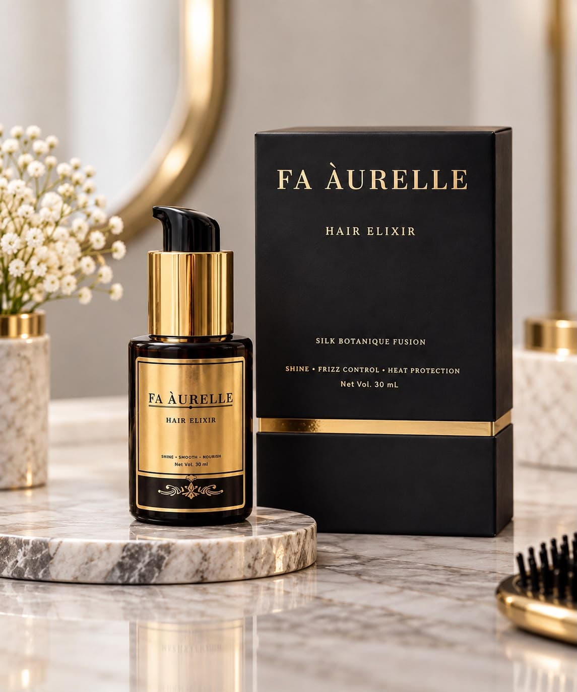 FA ÀURELLE Hair Elixir bottle beside its black-and-gold presentation box