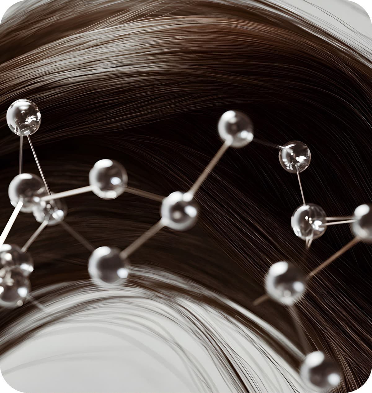 Molecular structures over smooth, flowing brunette hair