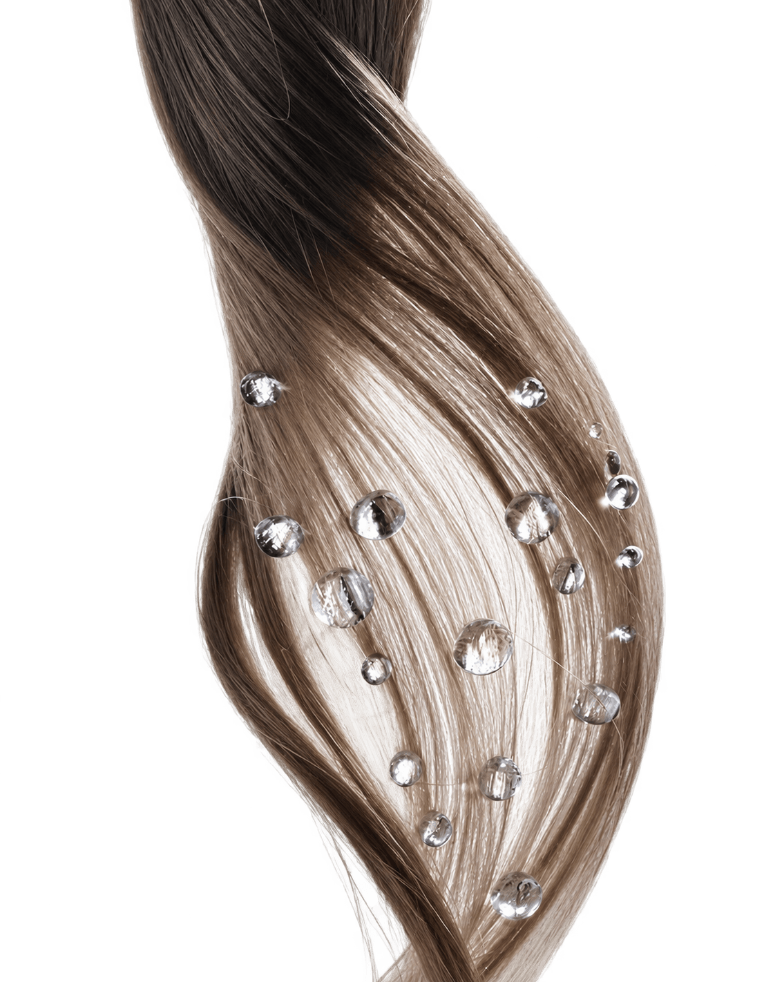 Silky hair strands with clear droplets