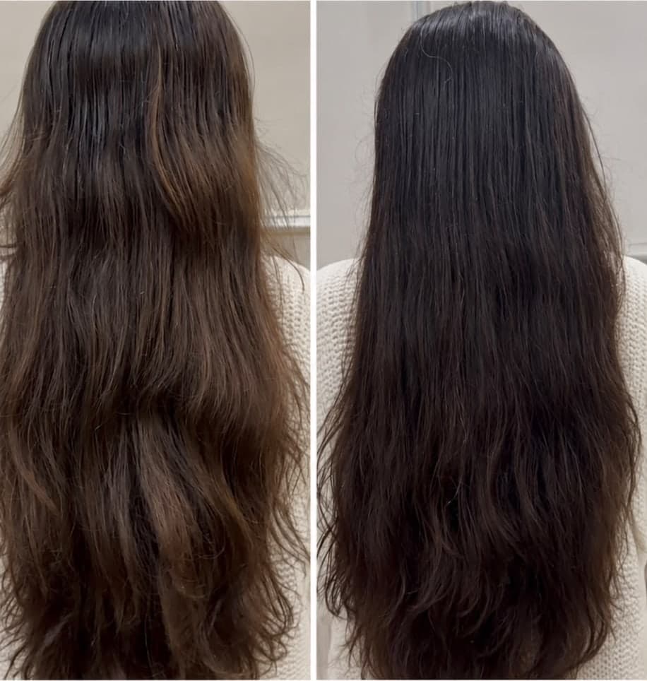 Hair before and after FA ÀURELLE Hair Elixir: frizzy waves on the left, smooth glossy lengths on the right